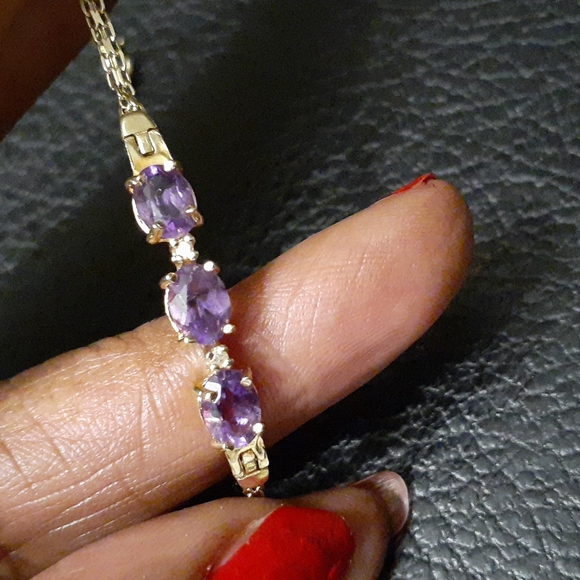 14K AMYTHEST/ ACCENT DIAMOND BRACELET 7"L - Picture 2 of 8